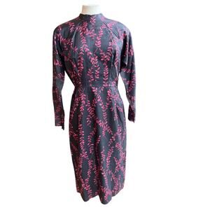 Vintage 1960s Miss Brooks Long Sleeve Cocktail Dress Size S Fitted Taffeta MCM